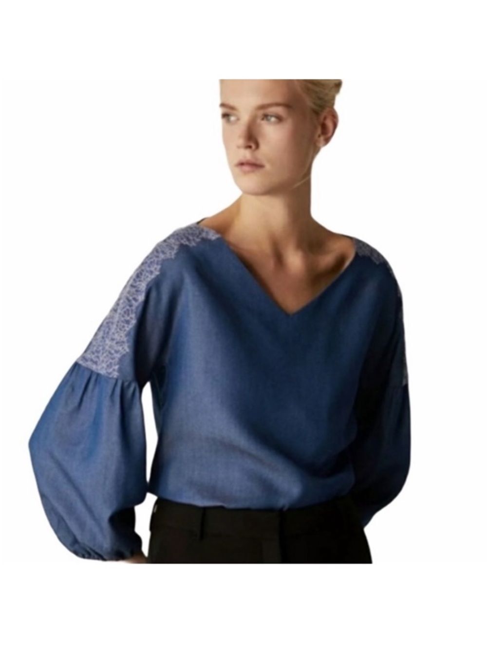 Massimo Dutti Denim-Blue V-Neck Blouse with Lace-Trimmed Shoulders